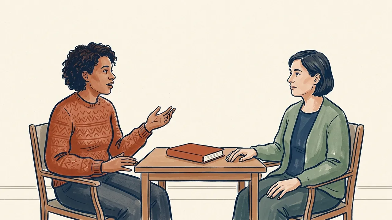 Dos personas conversan sentadas junto a una mesa con un libro cerrado.
