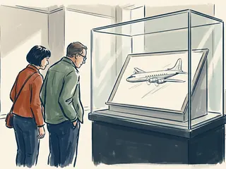 Dos personas observan un dibujo de un avión genérico en una vitrina de museo ficticia.