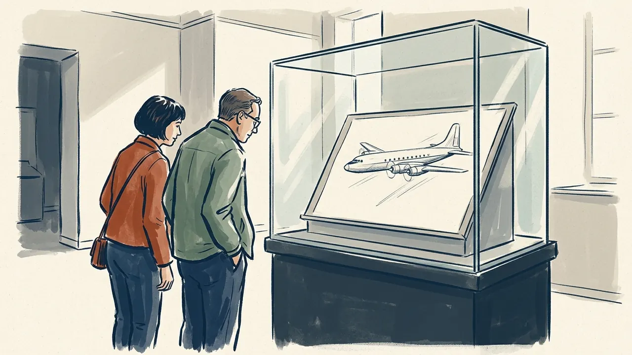 Dos personas observan un dibujo de un avión genérico en una vitrina de museo ficticia.