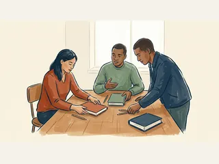 Tres personas colaboran al organizar libros cerrados y lápices sobre una mesa comunitaria.