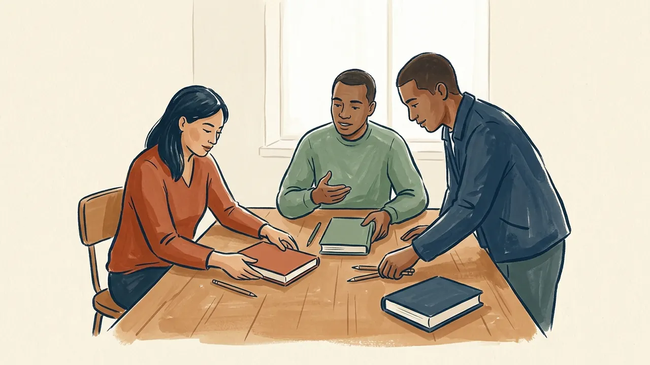 Tres personas colaboran al organizar libros cerrados y lápices sobre una mesa comunitaria.