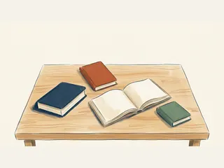Un libro abierto de páginas vacías y tres libros cerrados de distintos tamaños sobre una mesa de madera.