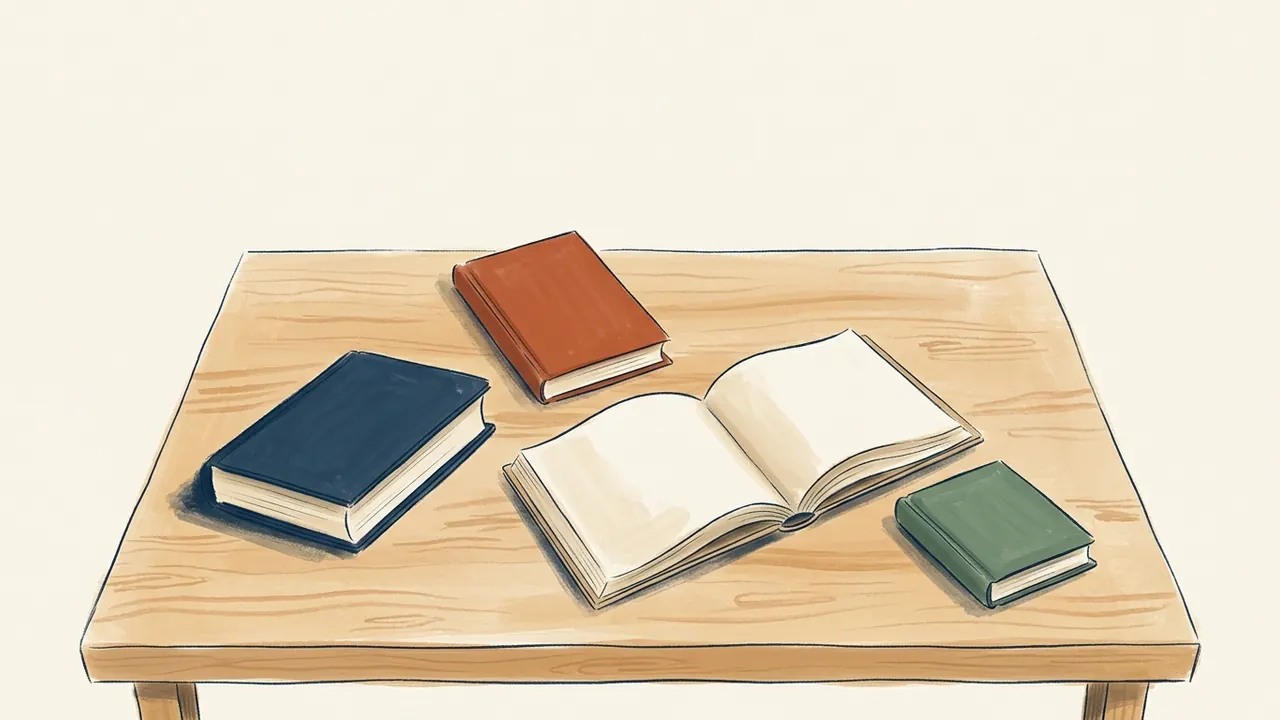 Un libro abierto de páginas vacías y tres libros cerrados de distintos tamaños sobre una mesa de madera.