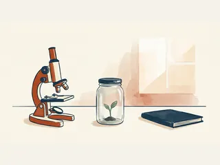 Un microscopio, un brote vegetal dentro de un frasco cerrado y un cuaderno sobre una mesa.