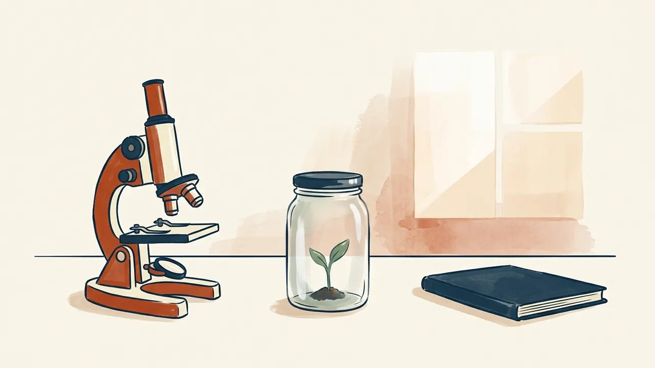 Un microscopio, un brote vegetal dentro de un frasco cerrado y un cuaderno sobre una mesa.