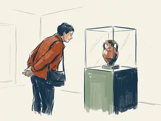 Una persona observa un recipiente de cerámica en una vitrina de museo imaginario.