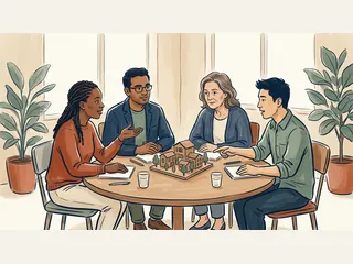 Cuatro personas adultas conversan alrededor de una maqueta de edificios comunitarios sobre una mesa redonda.