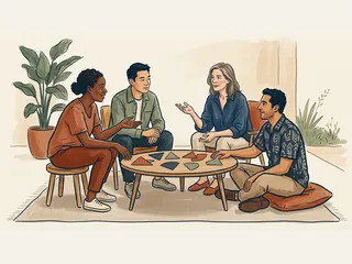 Cuatro personas adultas conversan alrededor de piezas geométricas de papel sobre una mesa baja.