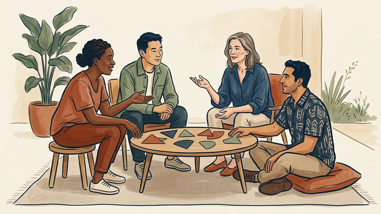 Cuatro personas adultas conversan alrededor de piezas geométricas de papel sobre una mesa baja.