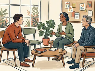 Tres personas dialogan en una sala comunitaria alrededor de una mesa baja.