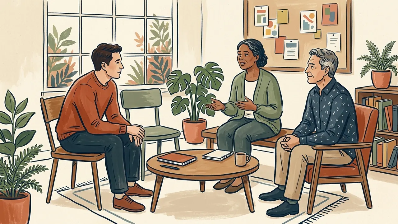 Tres personas dialogan en una sala comunitaria alrededor de una mesa baja.