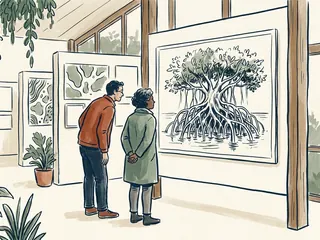 Dos personas observan una ilustración de un manglar con raíces sobre el agua.
