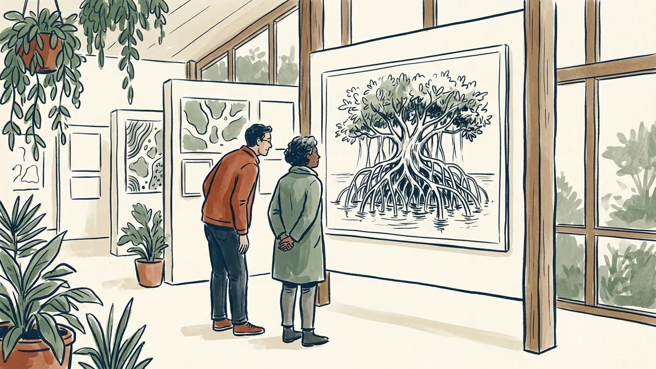 Dos personas observan una ilustración de un manglar con raíces sobre el agua.