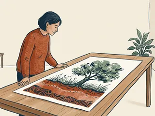 Una persona observa una ilustración de un árbol, hierba y capas de suelo sobre una mesa.