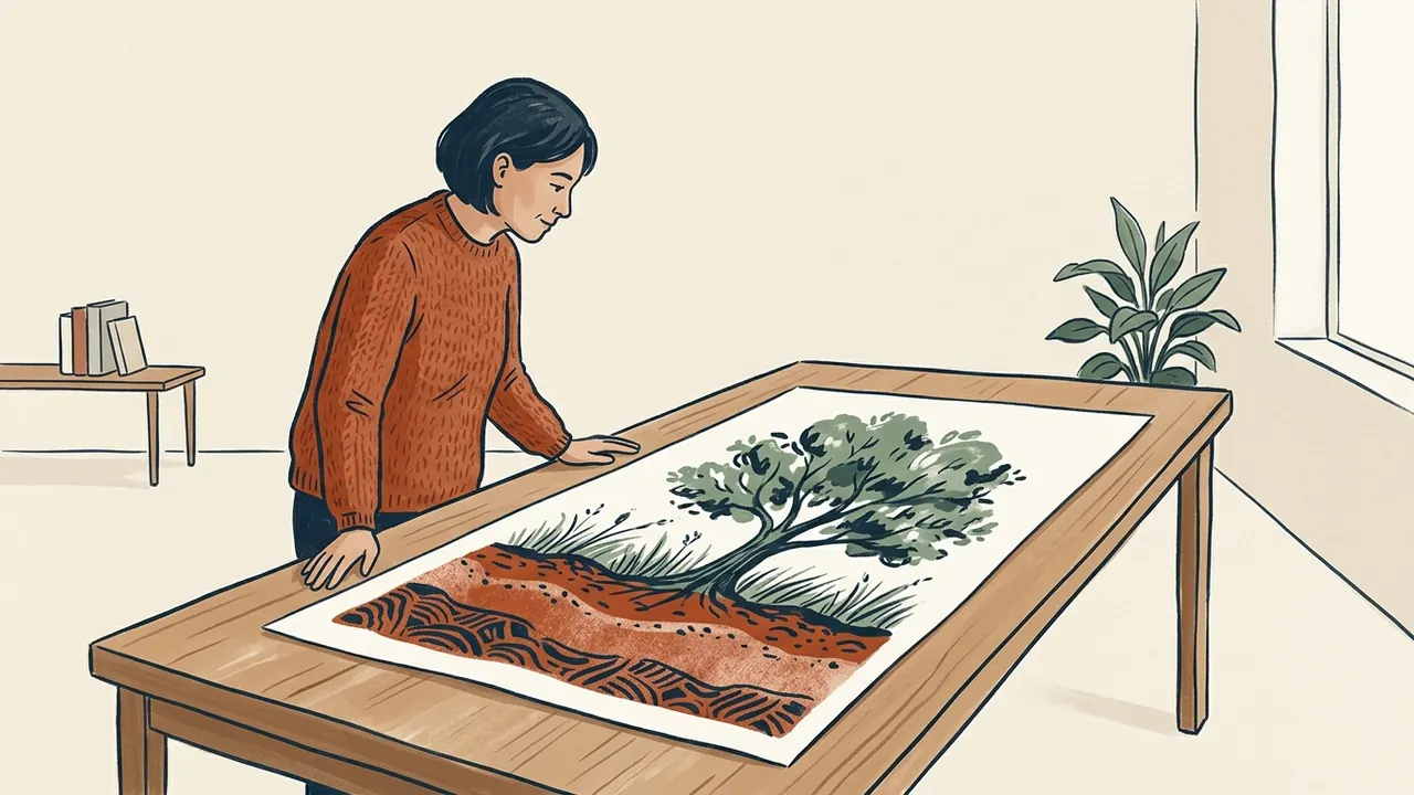 Una persona observa una ilustración de un árbol, hierba y capas de suelo sobre una mesa.