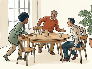 Tres personas adultas acercan sus sillas a una mesa redonda para conversar.