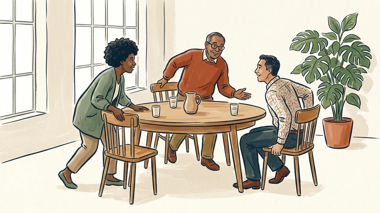 Tres personas adultas acercan sus sillas a una mesa redonda para conversar.