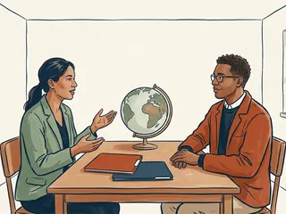 Dos personas conversan ante carpetas cerradas y un globo terráqueo sin nombres ni fronteras.