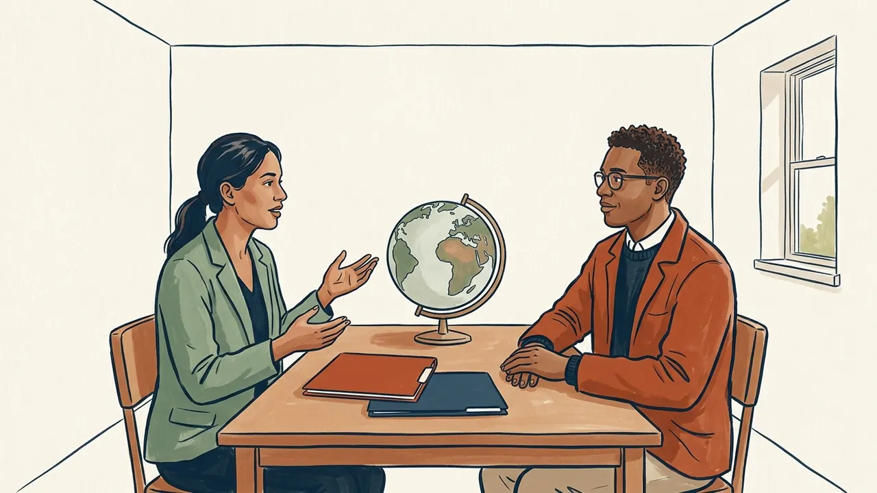 Dos personas conversan ante carpetas cerradas y un globo terráqueo sin nombres ni fronteras.