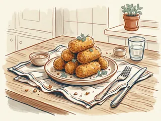 Un plato de croquetas doradas descansa sobre un paño junto a cubiertos y un vaso.