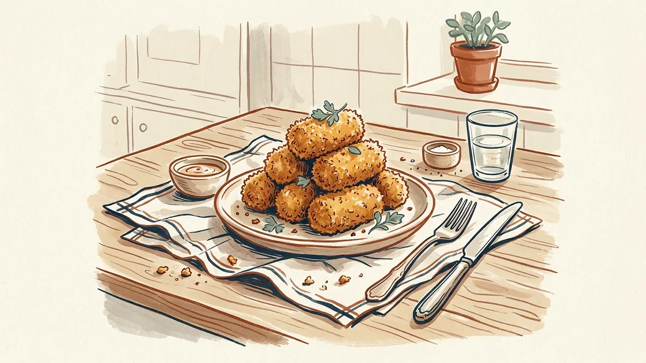 Un plato de croquetas doradas descansa sobre un paño junto a cubiertos y un vaso.
