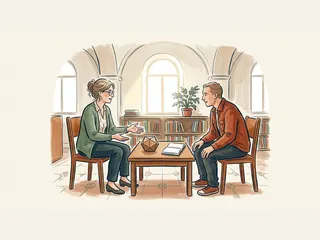 Investigadora conversando con un hombre junto a un modelo geométrico y libros en una biblioteca.