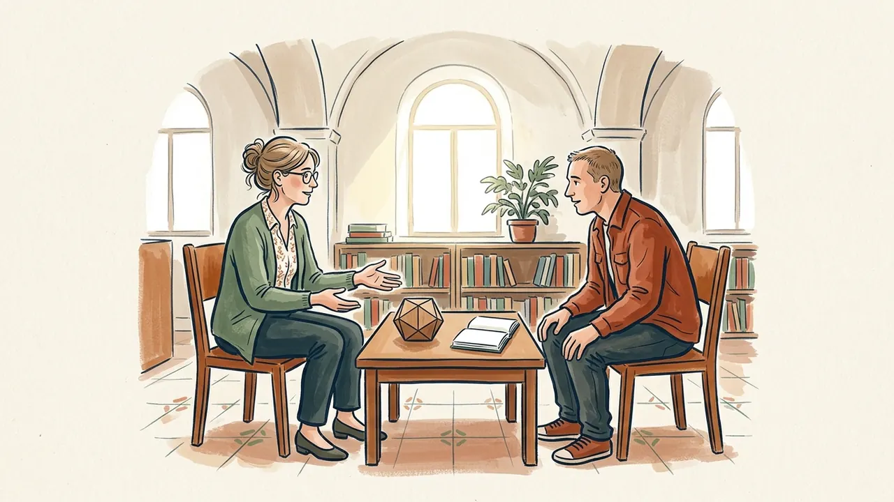 Investigadora conversando con un hombre junto a un modelo geométrico y libros en una biblioteca.