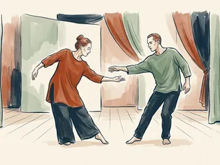 Dos intérpretes realizan un movimiento sencillo en un escenario ficticio.