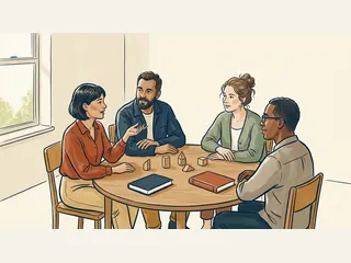 Cuatro personas conversan en una mesa circular con libros cerrados y piezas de madera.