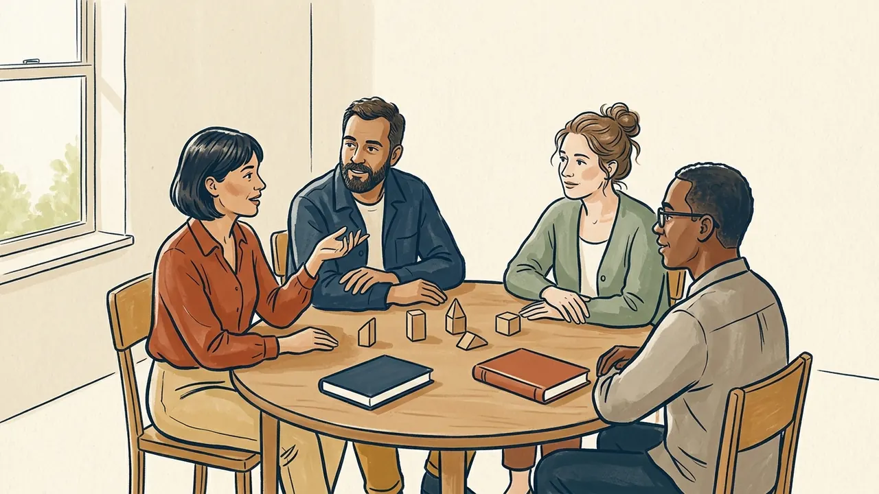 Cuatro personas conversan en una mesa circular con libros cerrados y piezas de madera.