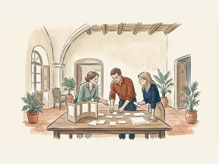 Tres personas organizan tarjetas y una maqueta de exposición sobre una mesa.