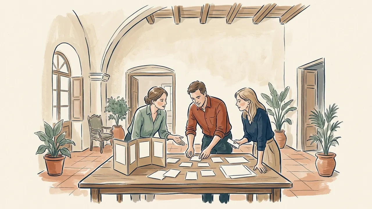 Tres personas organizan tarjetas y una maqueta de exposición sobre una mesa.