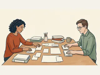Dos personas organizan tarjetas lisas de distintos tamaños sobre una mesa.