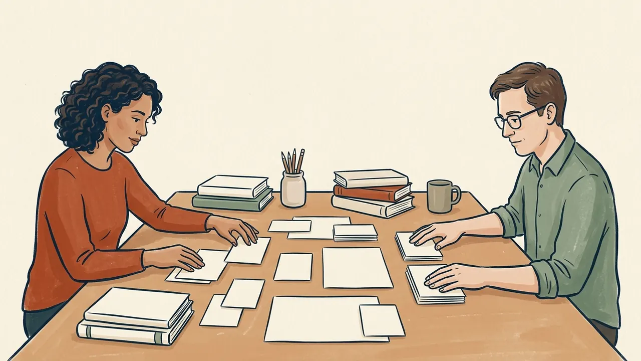 Dos personas organizan tarjetas lisas de distintos tamaños sobre una mesa.