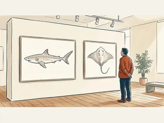 Una persona observa dibujos de un tiburón y una raya en una exposición.