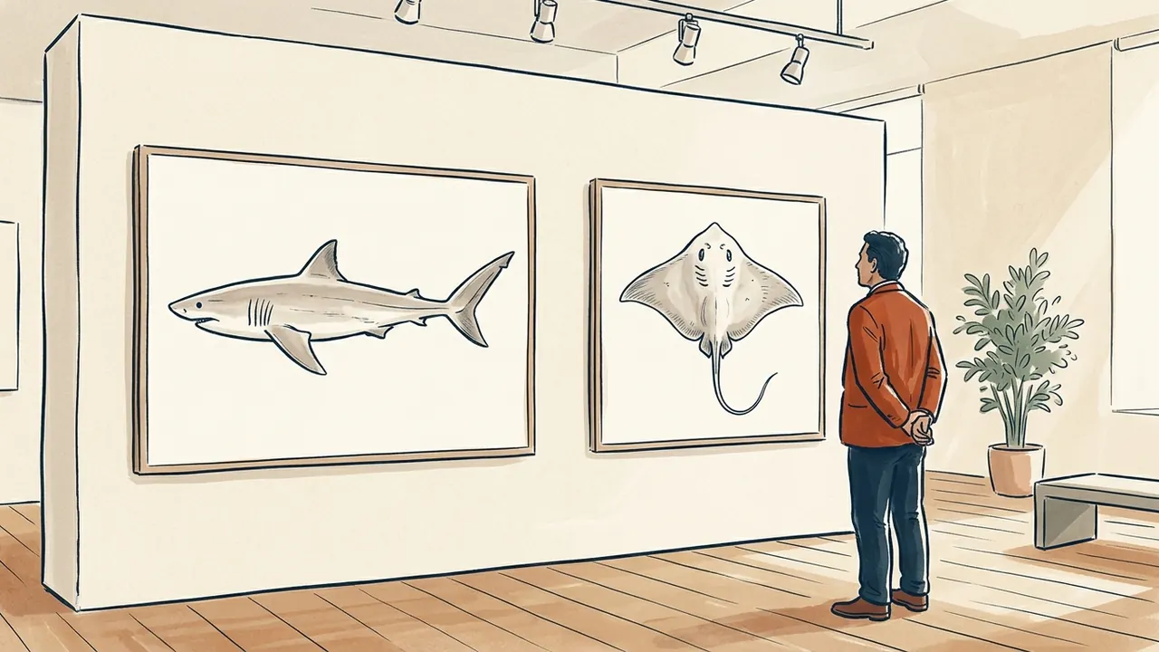 Una persona observa dibujos de un tiburón y una raya en una exposición.