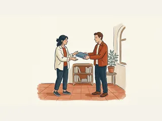 Dos adultos comparten un libro de cubierta azul en una biblioteca con estantería y una planta.