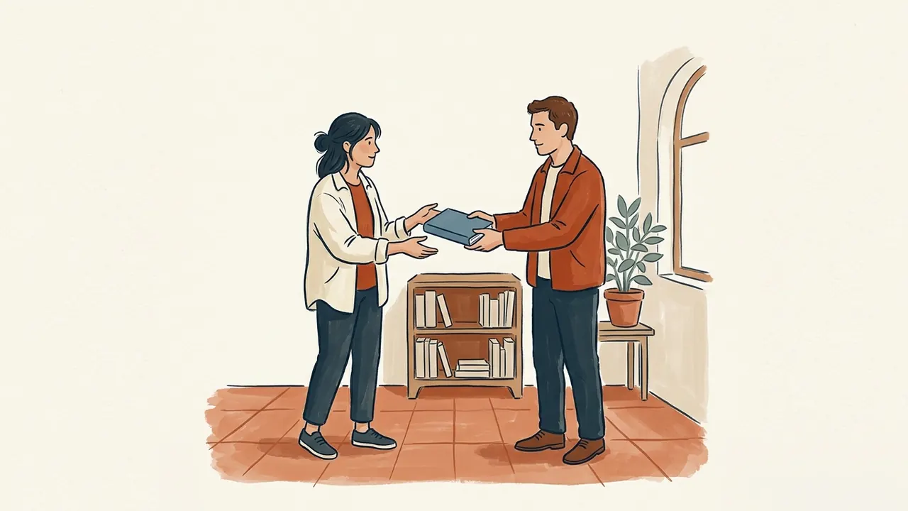 Dos adultos comparten un libro de cubierta azul en una biblioteca con estantería y una planta.