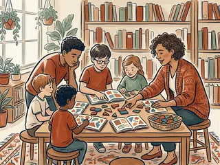 Una educadora y un grupo de menores trabajan con libros y piezas de colores en una biblioteca ficticia.