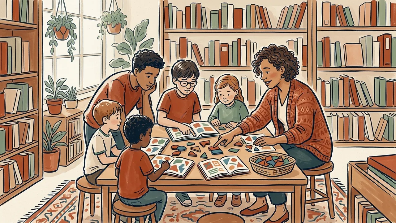 Una educadora y un grupo de menores trabajan con libros y piezas de colores en una biblioteca ficticia.