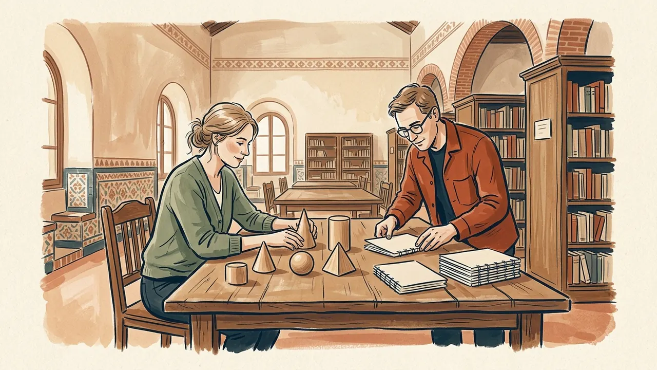 Mujer y hombre preparando cuadernos y figuras geométricas para un taller educativo.