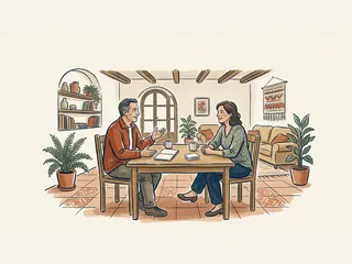 Educadora social conversando con un adulto en una sala comunitaria.