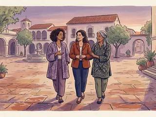 Tres mujeres adultas caminan juntas y conversan en una plaza al atardecer.