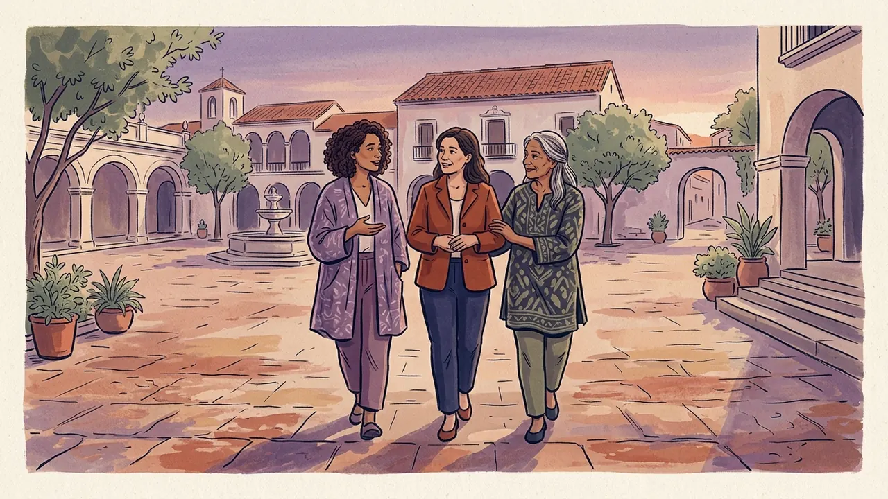 Tres mujeres adultas caminan juntas y conversan en una plaza al atardecer.