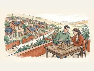 Dos personas observan una maqueta de vivienda, con casas y paneles solares en un paisaje ficticio.