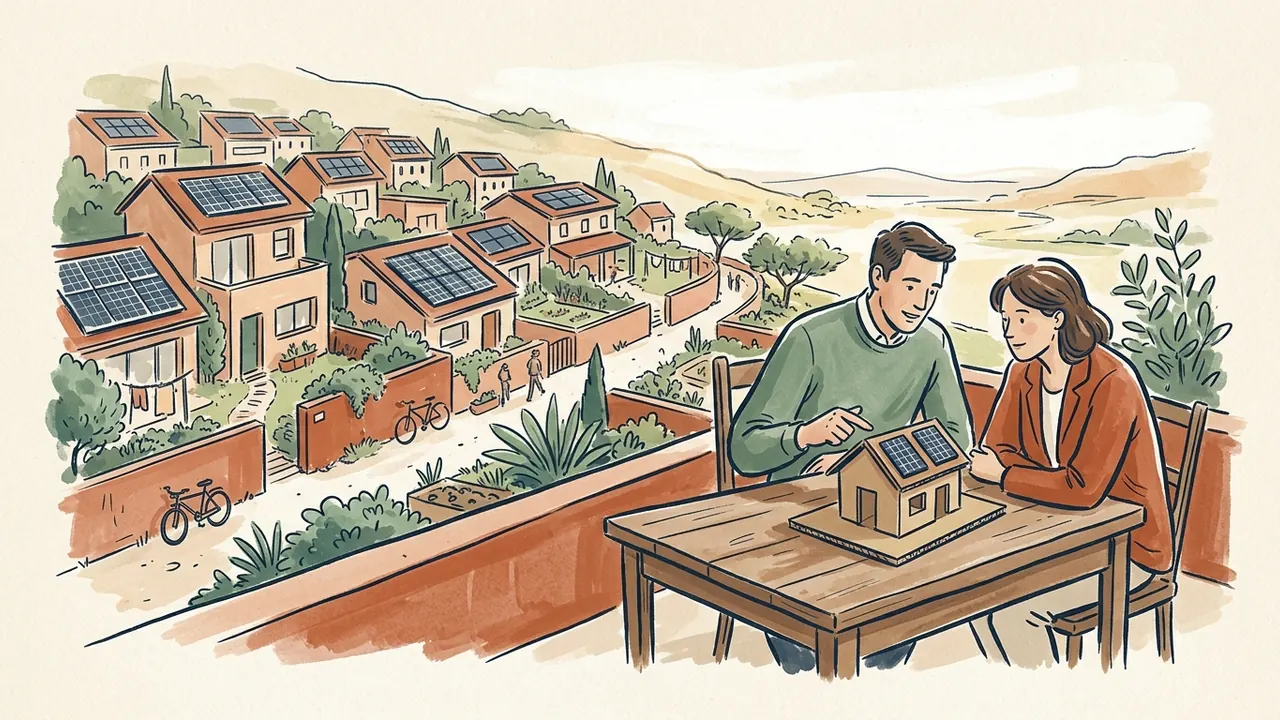 Dos personas observan una maqueta de vivienda, con casas y paneles solares en un paisaje ficticio.