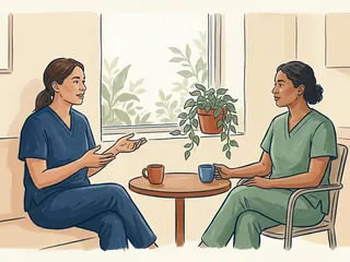 Dos profesionales de enfermería conversan sentadas durante una pausa.