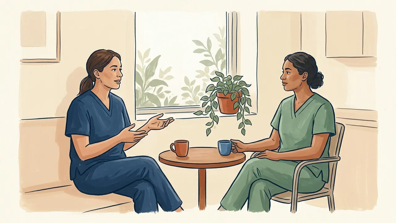 Dos profesionales de enfermería conversan sentadas durante una pausa.