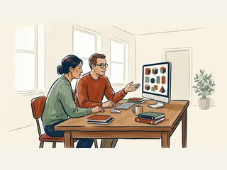 Dos personas adultas observan figuras geométricas en una pantalla, junto a libros sin inscripciones.