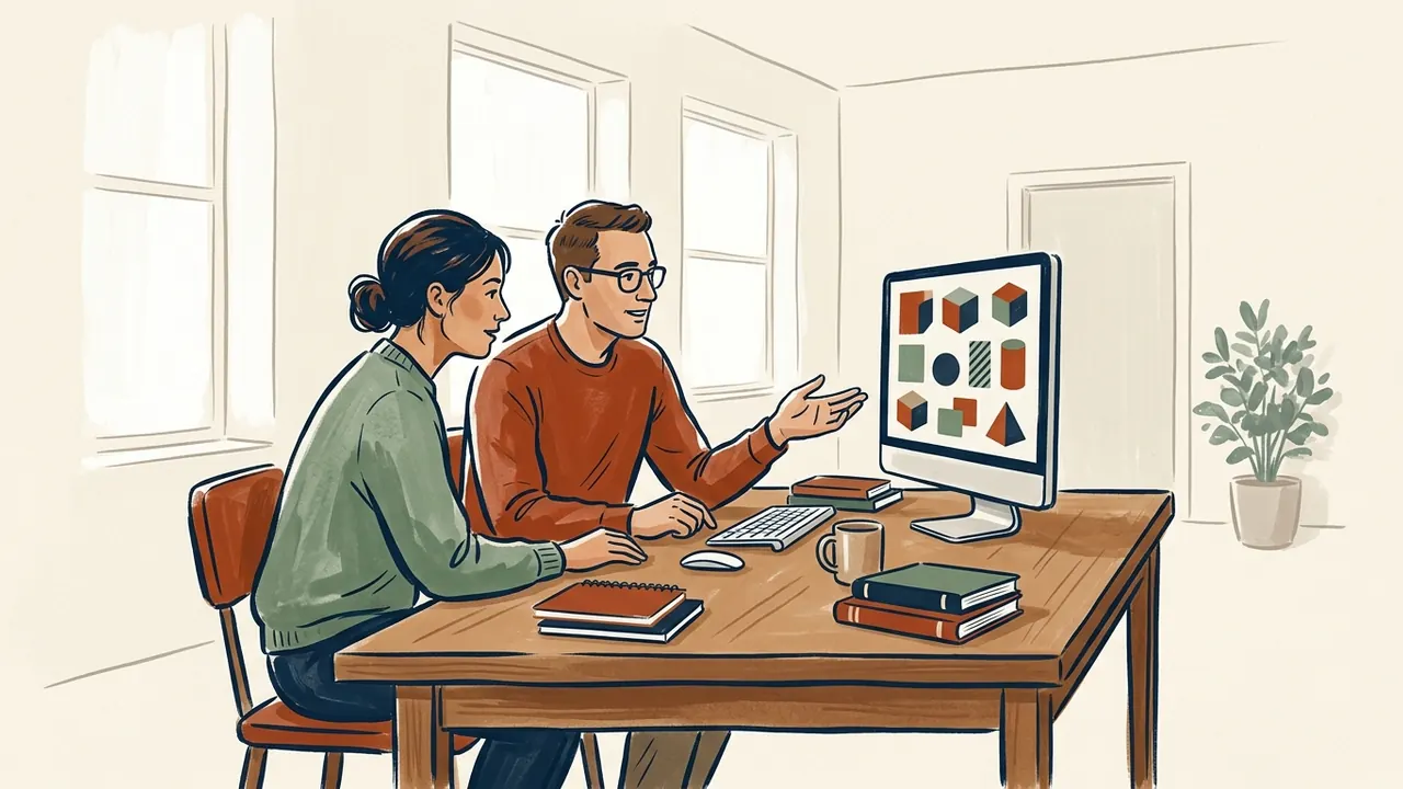 Dos personas adultas observan figuras geométricas en una pantalla, junto a libros sin inscripciones.
